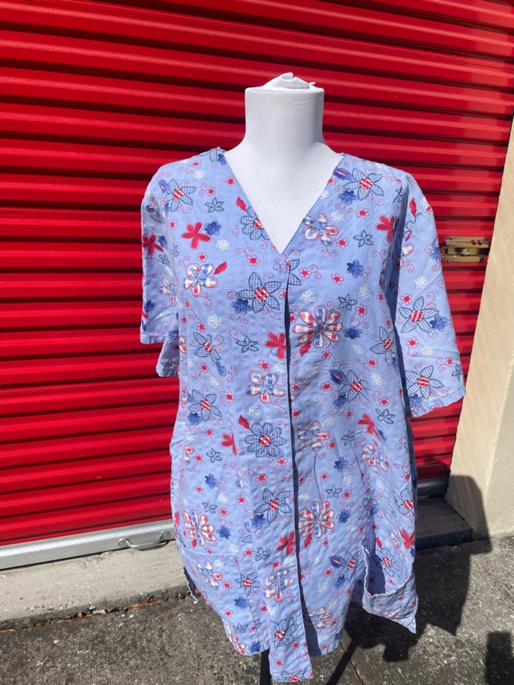 Light Blue Floral Button-Up Scrub Top